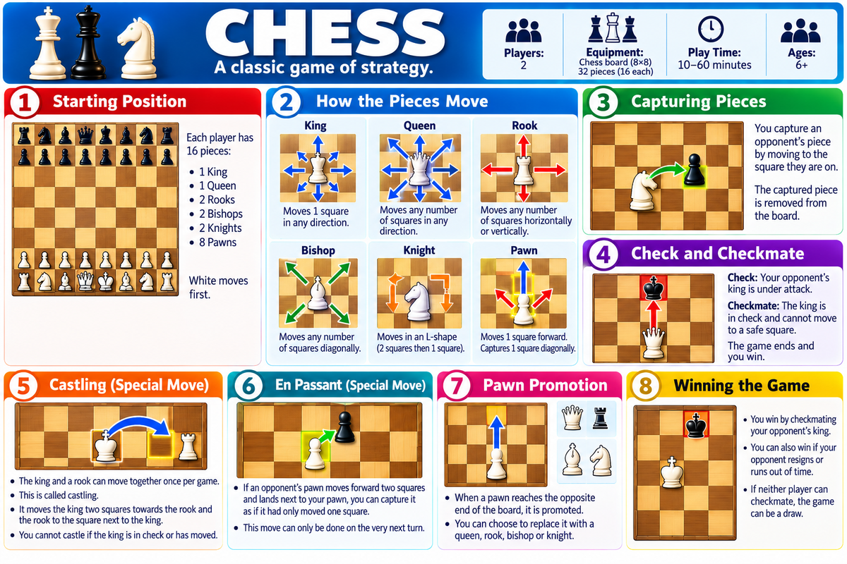 Chess visual guide showing the setup and key rules of play.