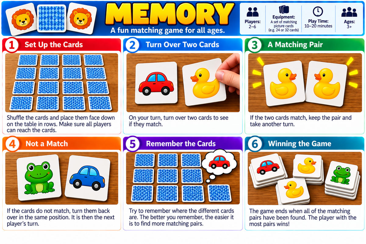 Memory visual guide showing the setup and key rules of play.