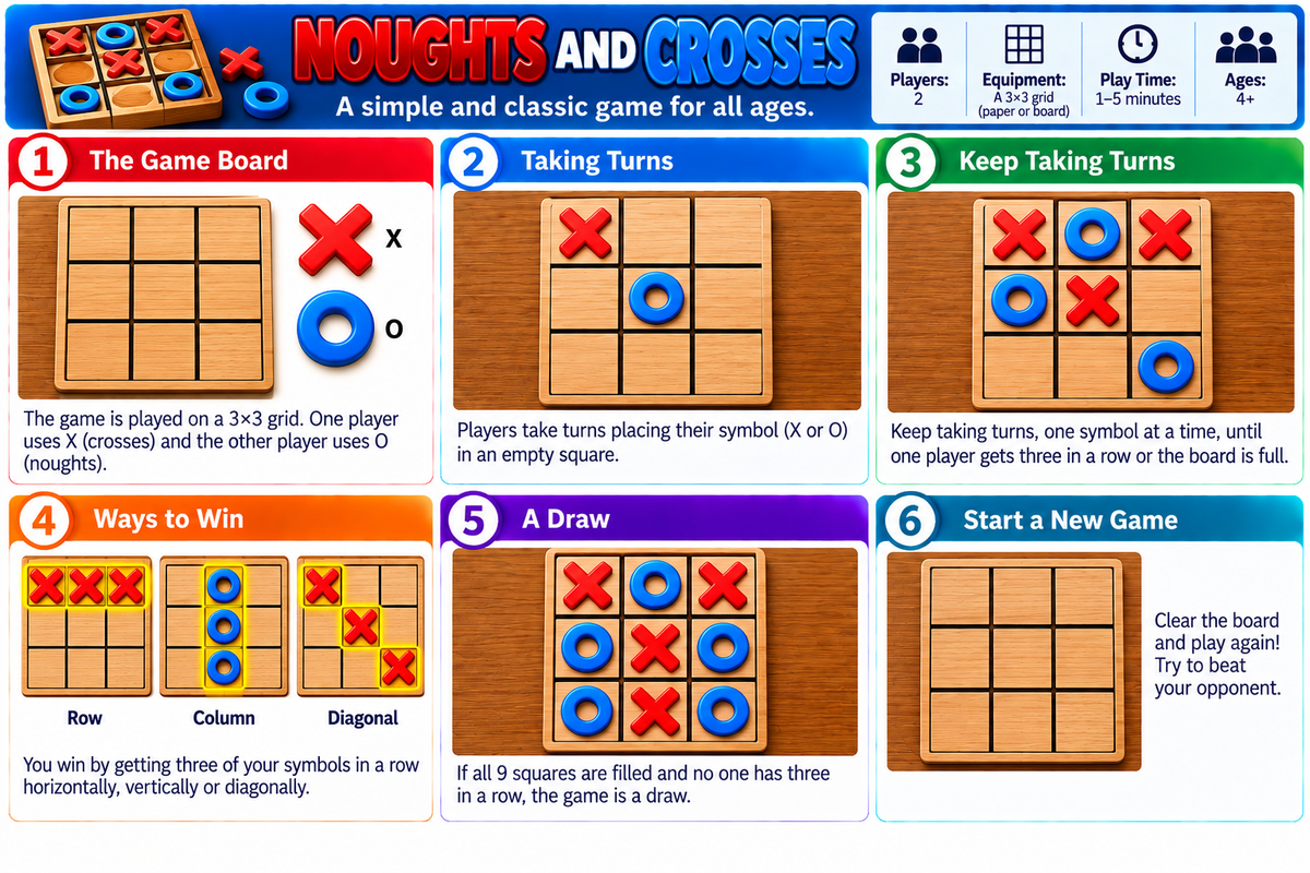Noughts and Crosses visual guide showing the setup and key rules of play.