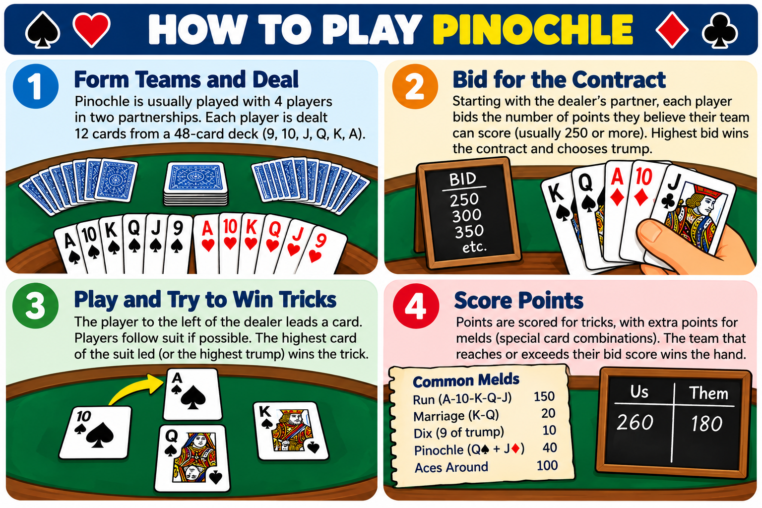 Pinochle illustrated how-to-play overview