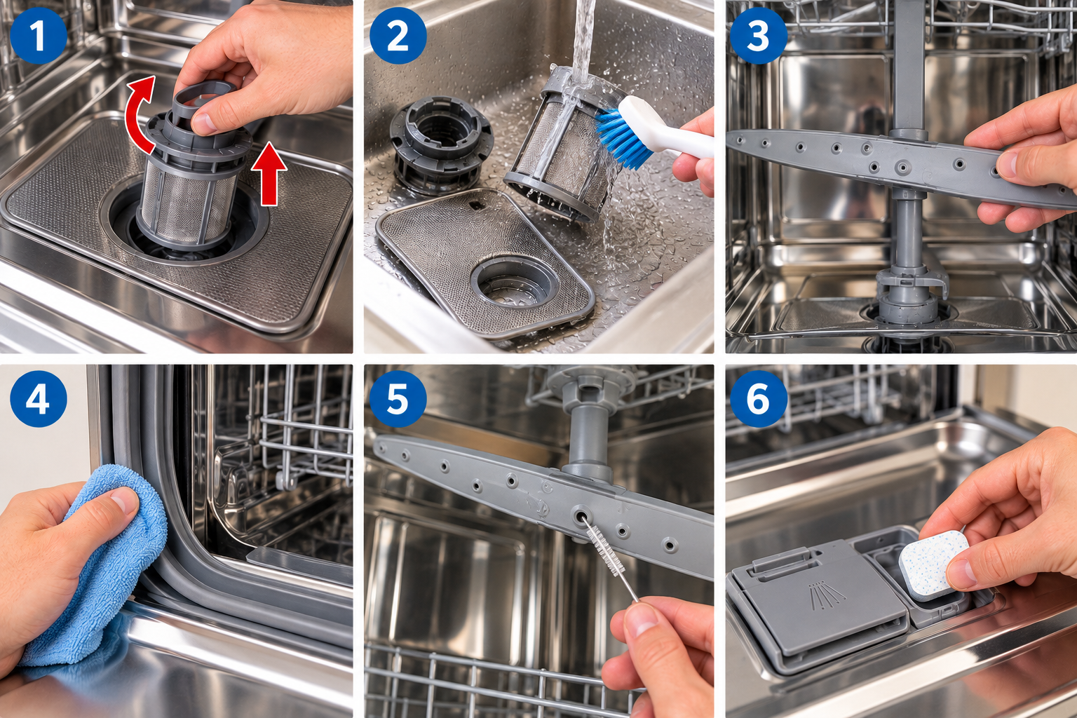 How to Clean a Dishwasher illustrated overview