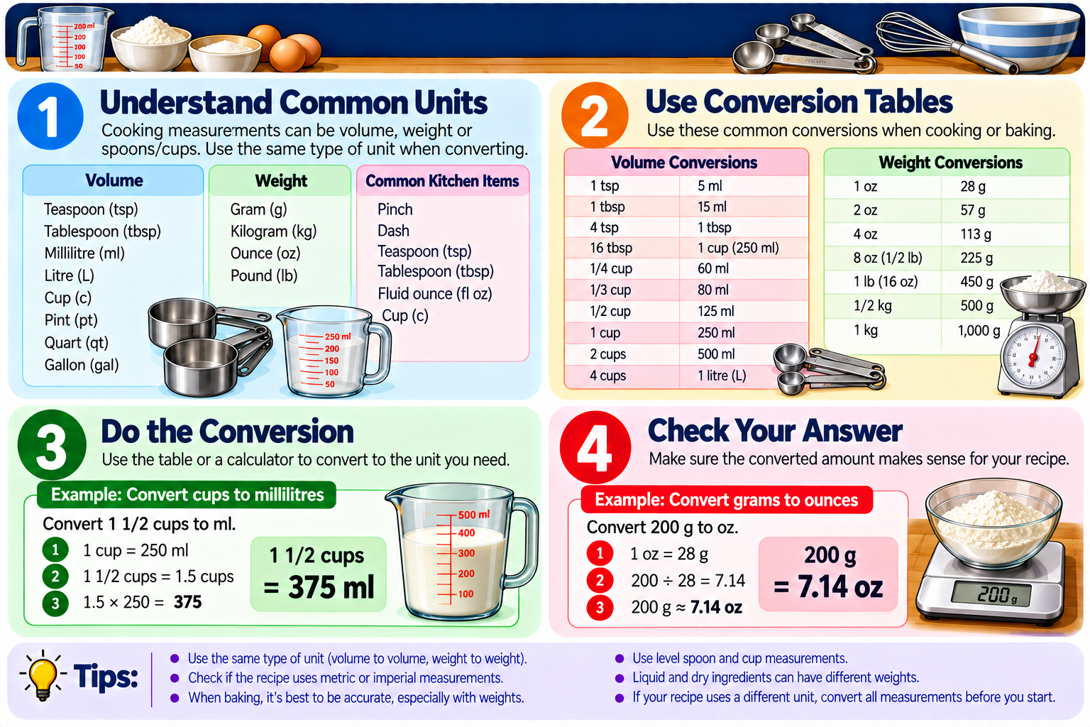 How to Convert Cooking Measurements illustrated overview