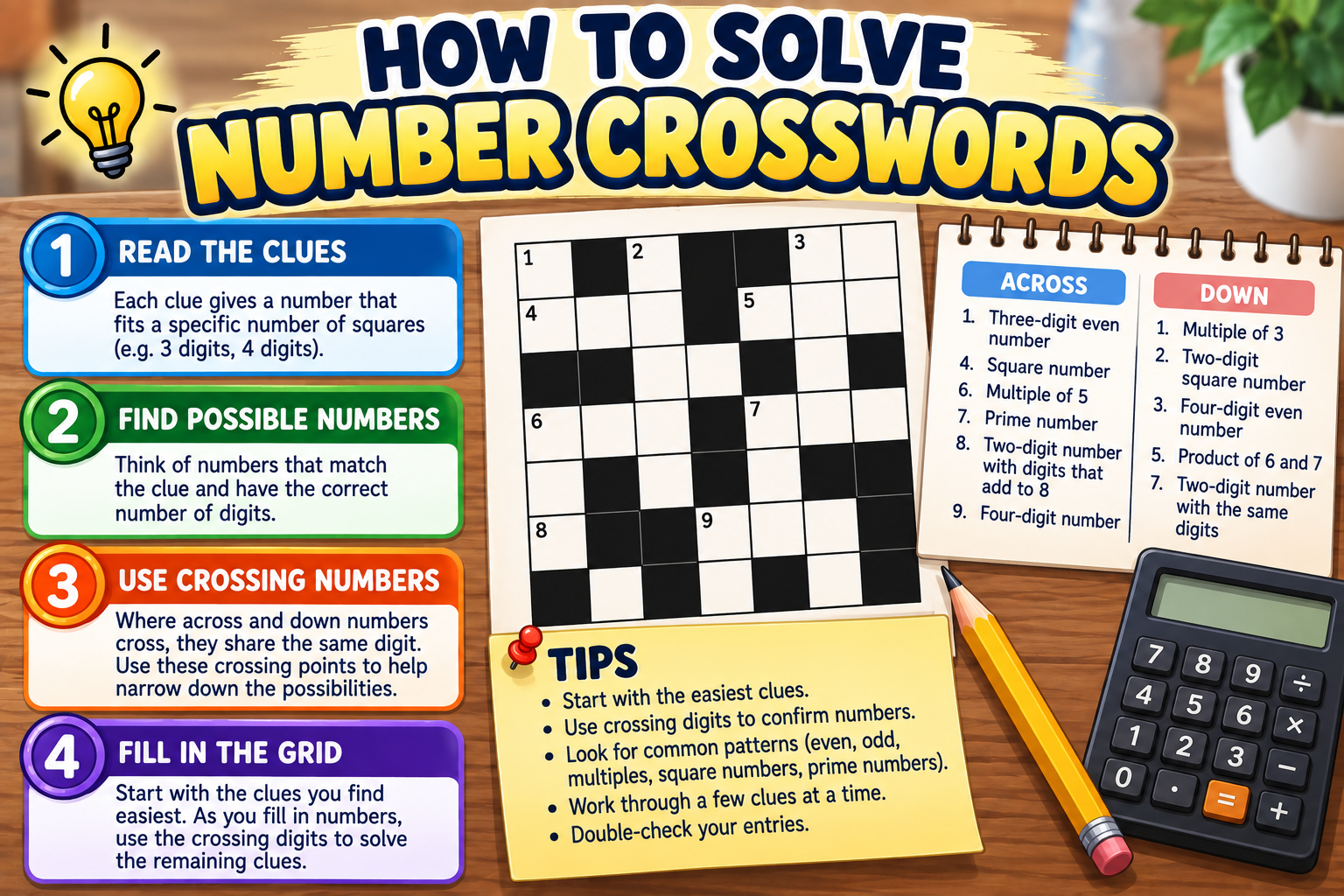 How to Solve Number Crosswords illustrated overview